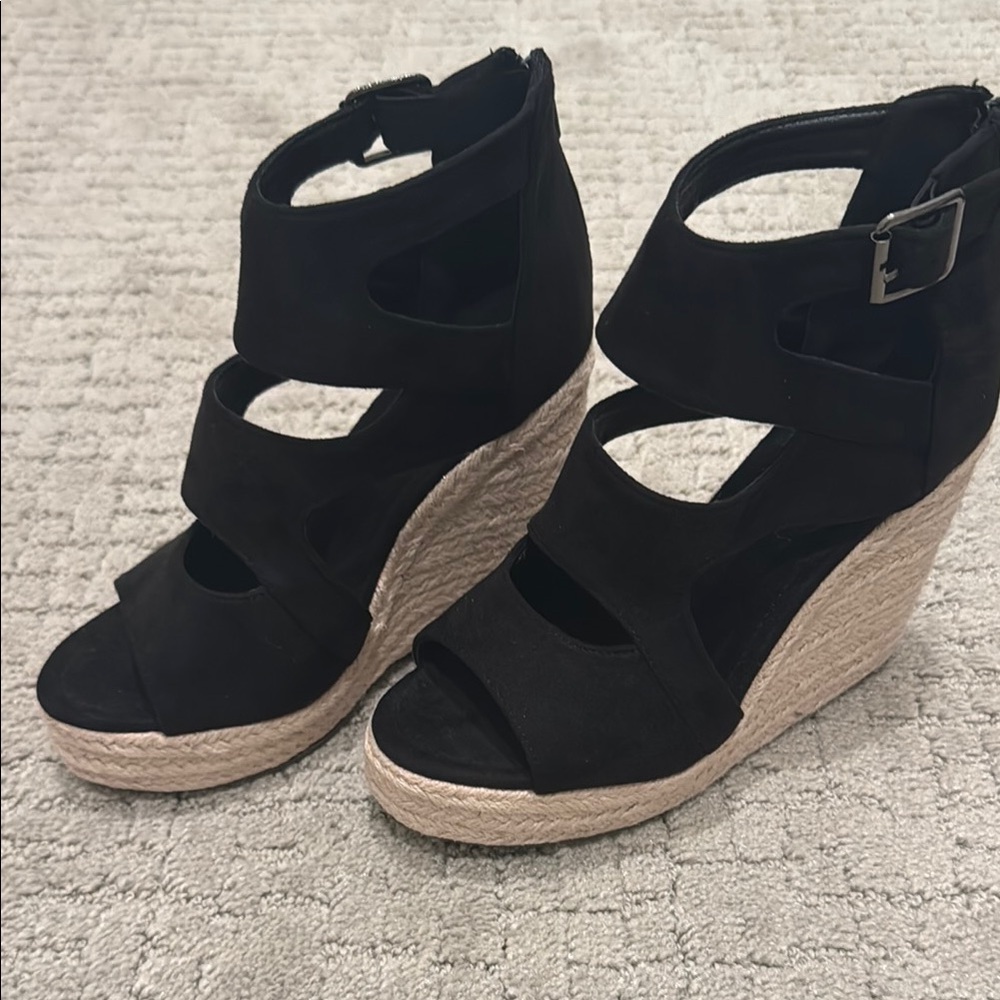 Black Wedge Sandals with Open Toe and Adjustable Ankle Strap